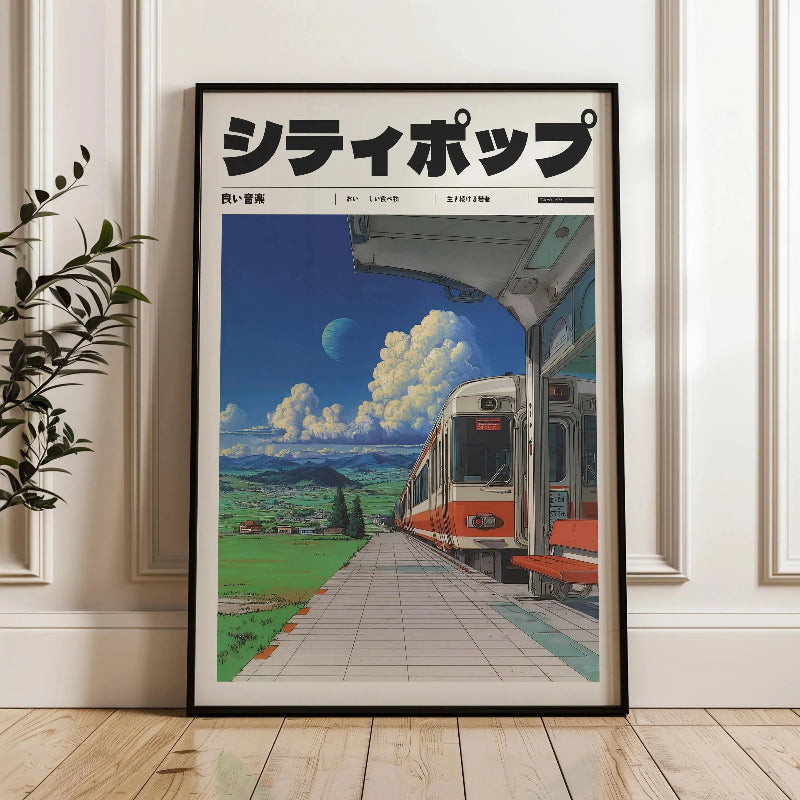 Framed poster of a train at a station with Japanese text, displayed on a wall.
