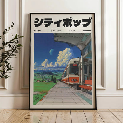 Framed poster of a train at a station with Japanese text, displayed on a wall.
