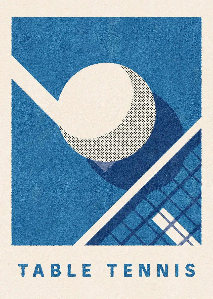 Table tennis poster with a ball and net on a blue background