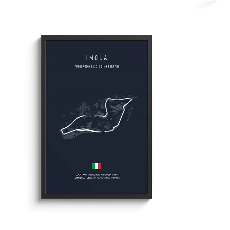 Framed poster of Imola race track layout on a dark blue background