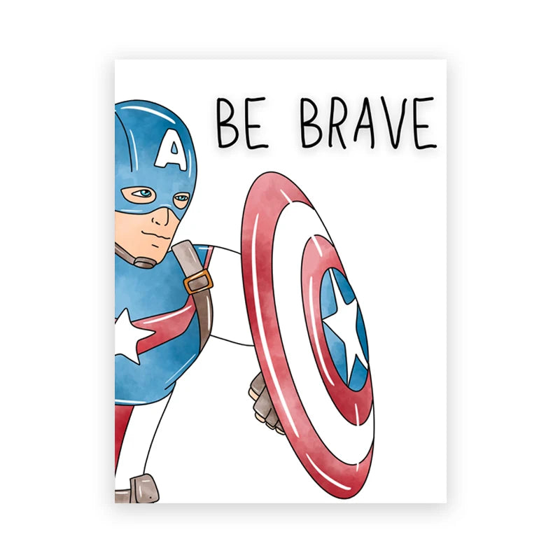 Cartoon superhero holding a shield with 'Be Brave' text on a white background