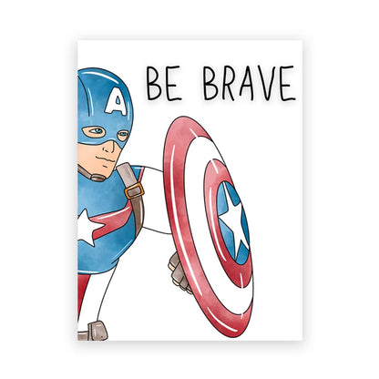 Cartoon superhero holding a shield with 'Be Brave' text on a white background