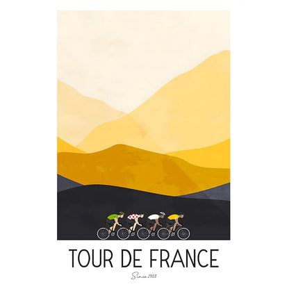 Simplified illustration of cyclists on a mountainous landscape with 'Tour de France' text.