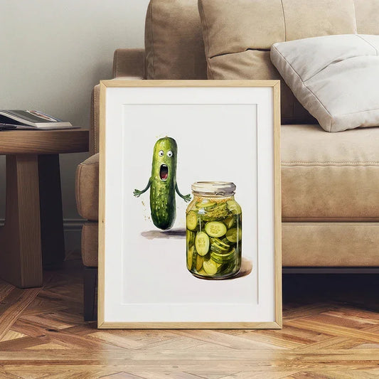 Framed artwork of a pickle and jar on a wooden floor with a couch in the background Canvas & Curio