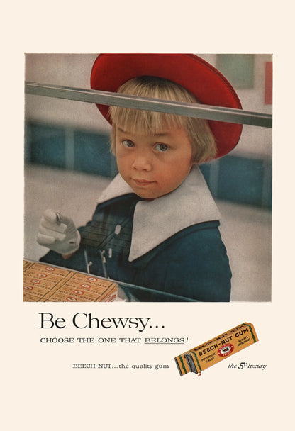 Vintage Beech-Nut gum advertisement with a child wearing a red hat and holding a pack of gum.