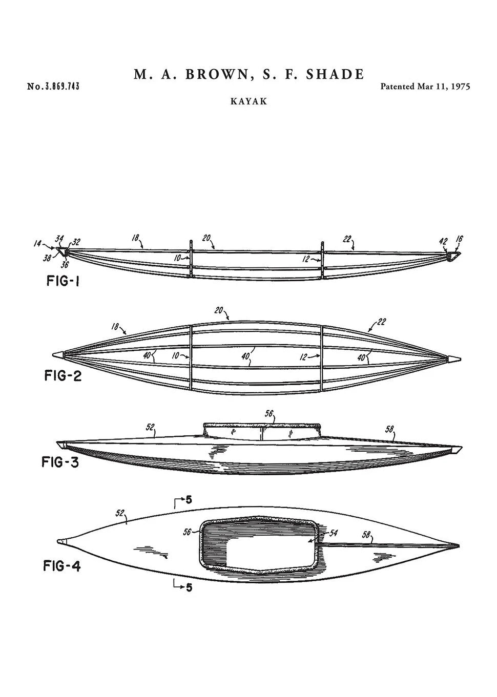 Technical drawing of a kayak with labeled parts and patent information.