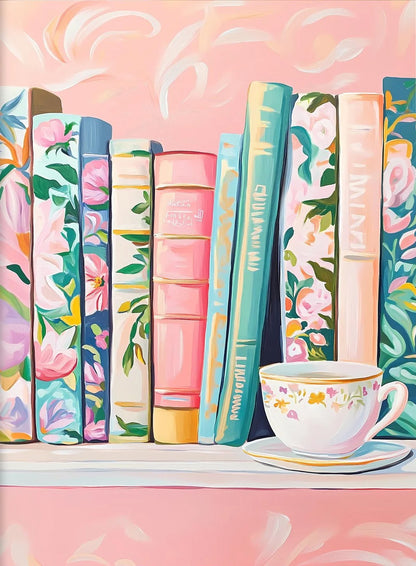 Colorful books with floral designs on a pink background with a teacup.