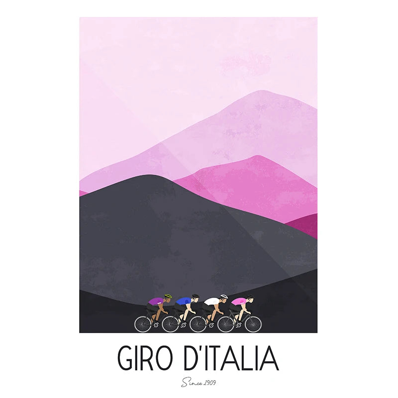 Simplified illustration of cyclists on a mountainous landscape with 'Giro d'Italia' branding.