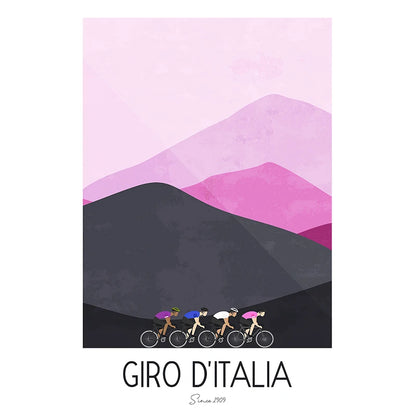 Simplified illustration of cyclists on a mountainous landscape with 'Giro d'Italia' branding.