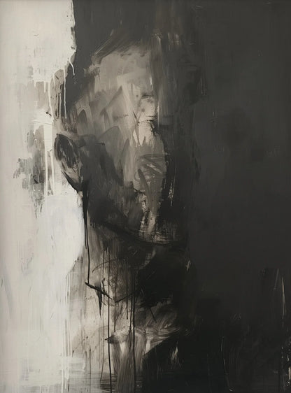 Abstract black and white painting with textured brushstrokes