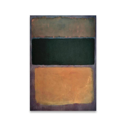 Abstract art print with horizontal stripes of green, black, and orange on a white background