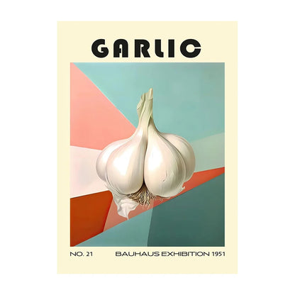 Poster of garlic with geometric shapes and Bauhaus exhibition text