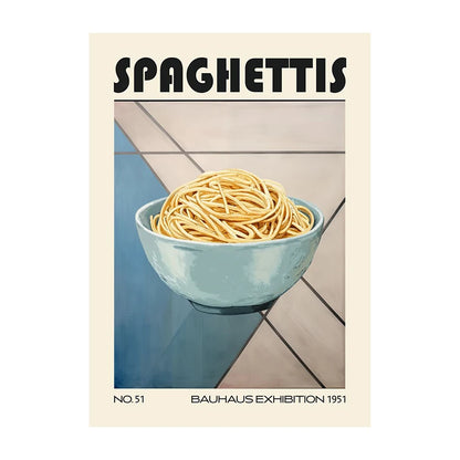 Poster of a bowl of spaghetti with 'Spaghettis' text and Bauhaus Exhibition 1951 branding.