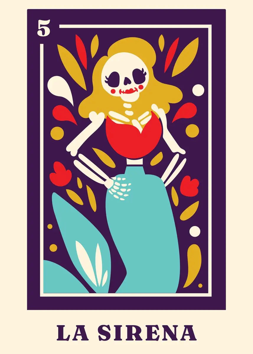 Cartoon skeleton mermaid with colorful design on a beige background