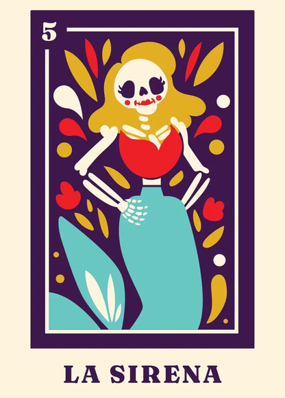 Cartoon skeleton mermaid with colorful design on a beige background