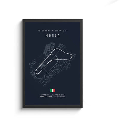 Framed poster of Autodromo Nazionale di Monza track layout on a dark blue background