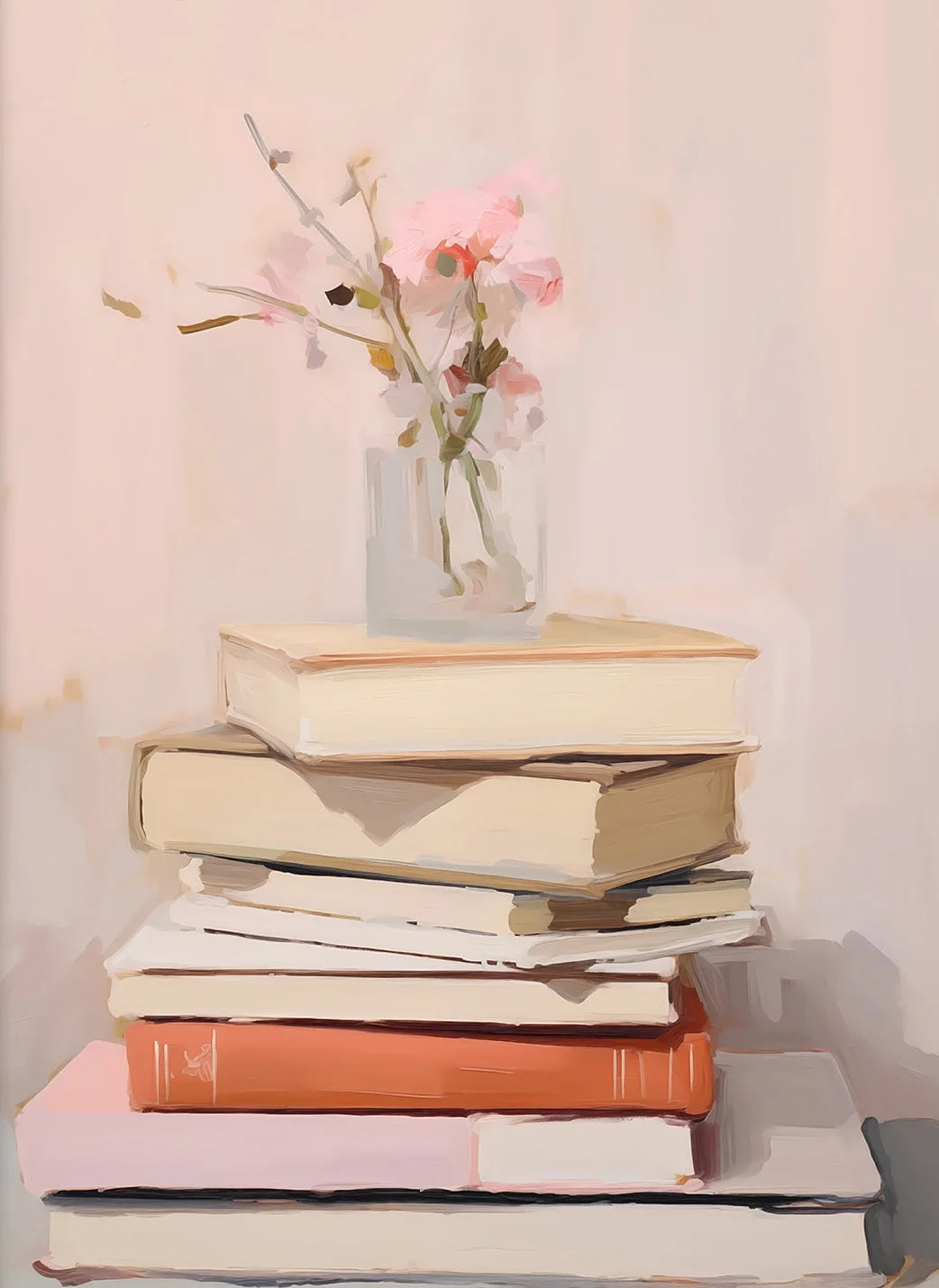 Stack of books with a vase of flowers on a light pink background
