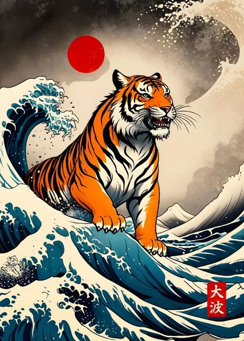 Tiger on a wave with a red sun and mountains in the background
