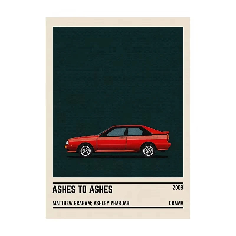 Poster with a red car illustration on a dark background