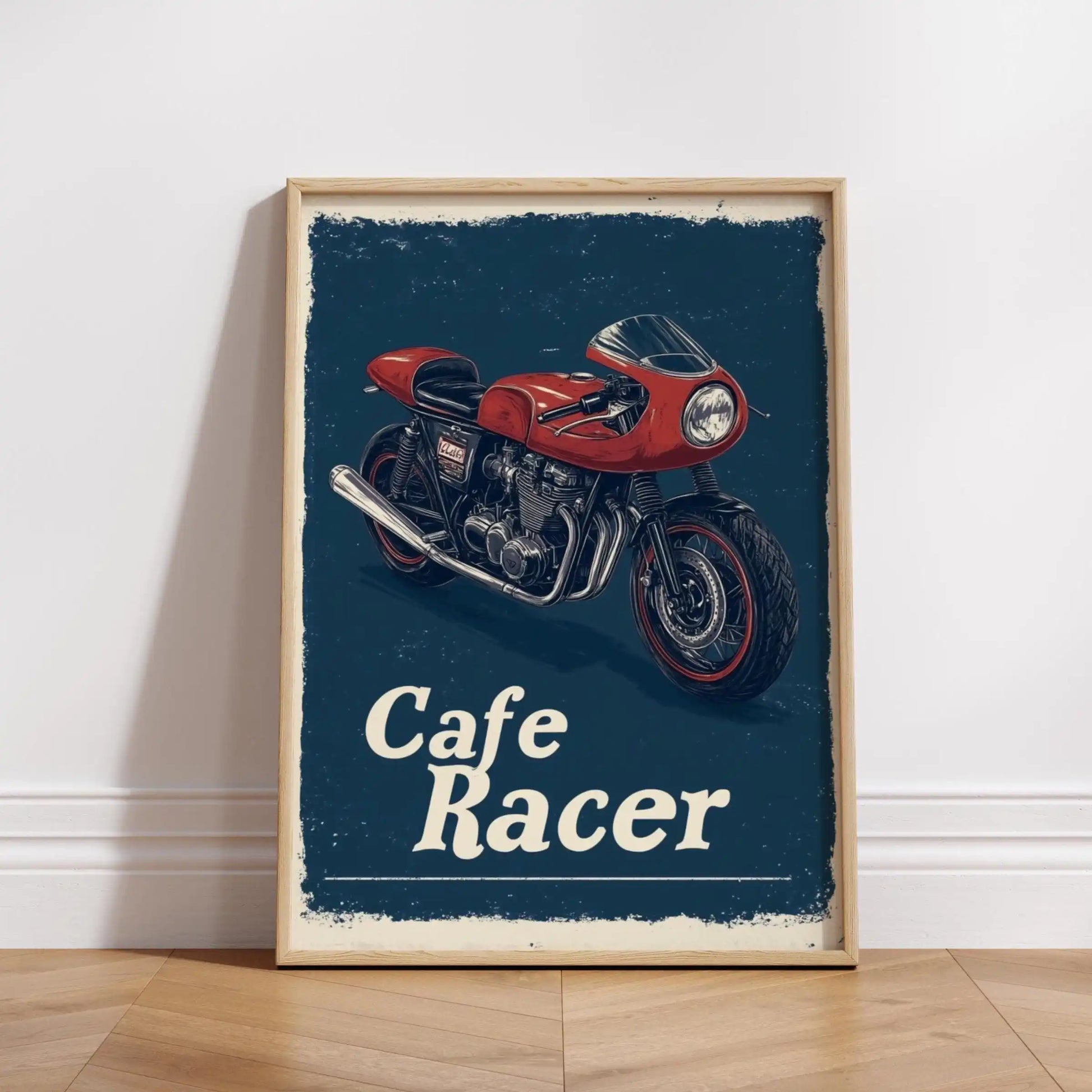 Framed poster of a red cafe racer motorcycle on a blue background