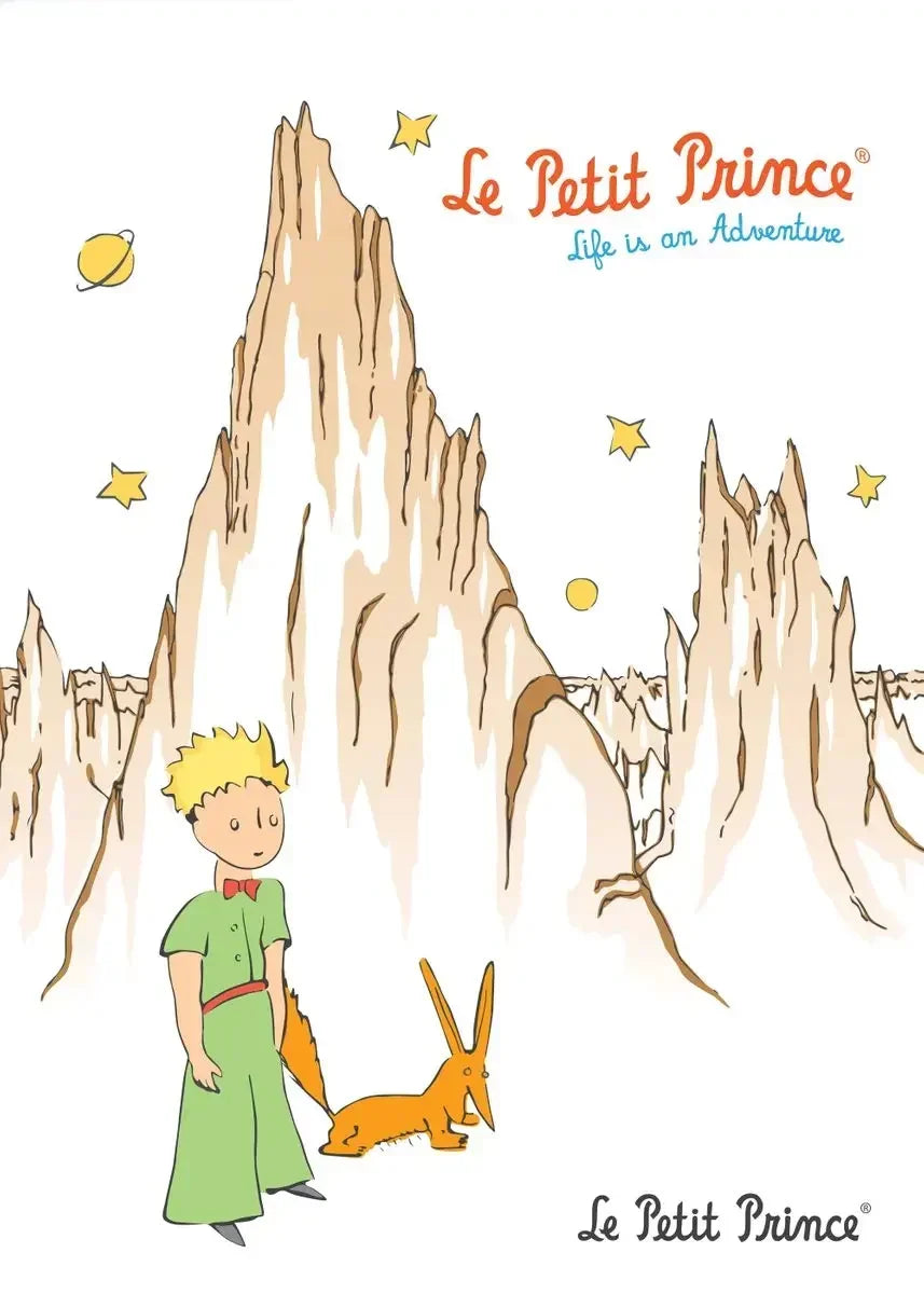 Illustration of 'Le Petit Prince' with a boy and his fox in front of rocky cliffs and stars.