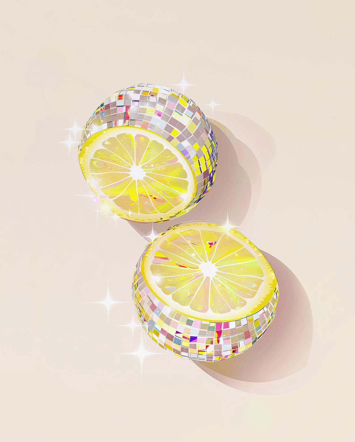 Two disco balls shaped like lemon slices on a beige background