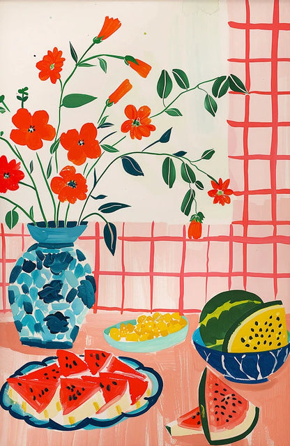 Illustration of a table setting with watermelon, flowers, and a vase on a checkered tablecloth.