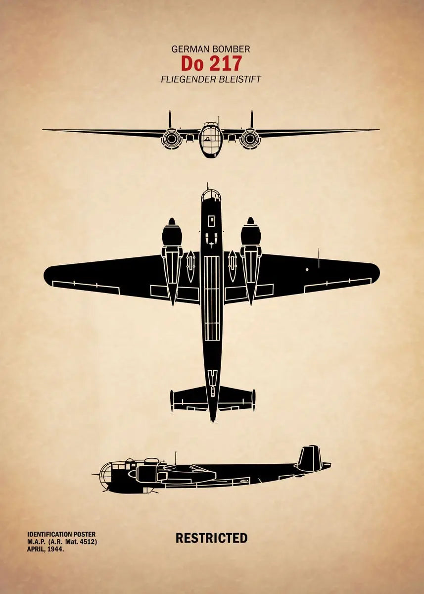 Black silhouette of a German bomber Do 217 on a beige background with text.