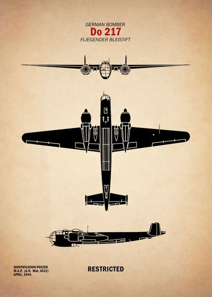 Black silhouette of a German bomber Do 217 on a beige background with text.