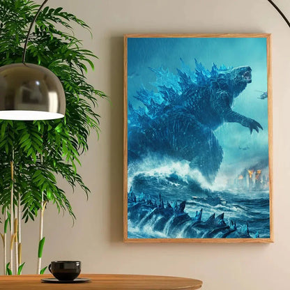 Framed artwork of a creature in a dynamic pose on a wall above a table with a plant and cup.