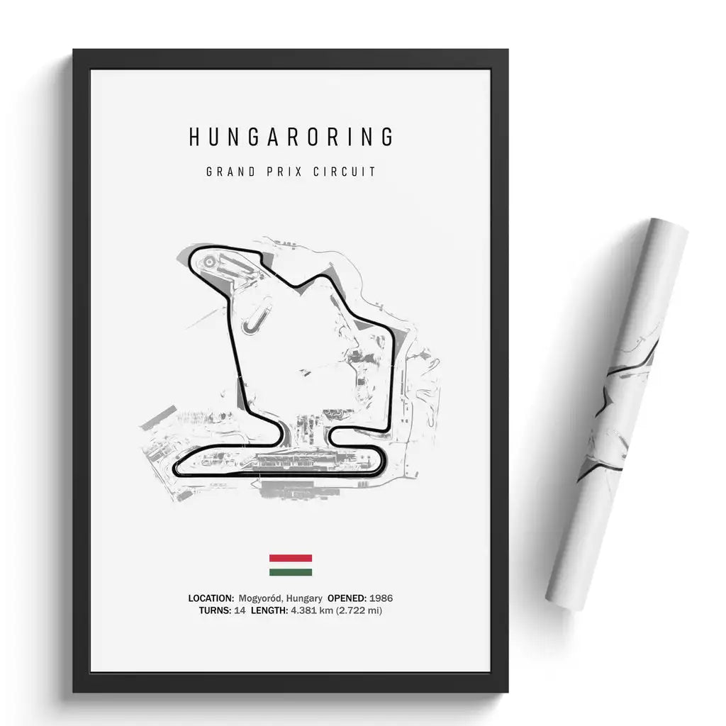 Framed poster of Hungaroring Grand Prix Circuit with a map and details.