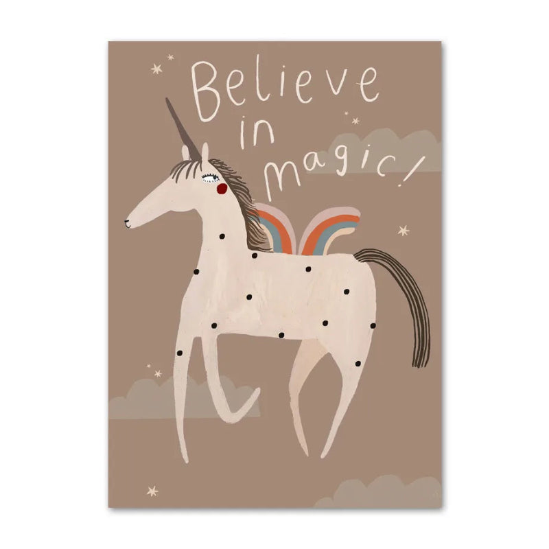 Poster with a unicorn and 'Believe in magic!' text on a brown background