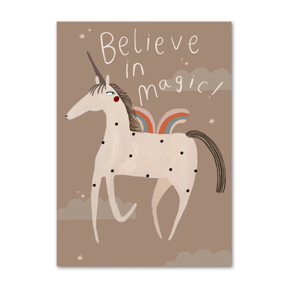 Poster with a unicorn and 'Believe in magic!' text on a brown background