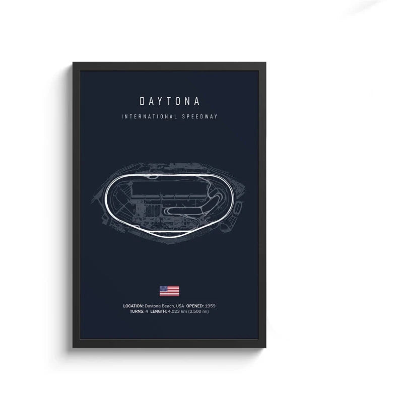 Framed poster of Daytona International Speedway layout on a dark blue background