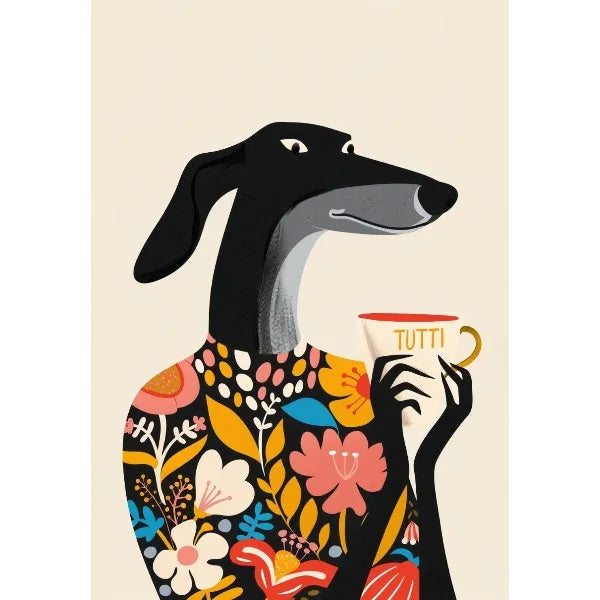 Illustration of a dog wearing a floral coat, holding a 'Tutti' mug.
