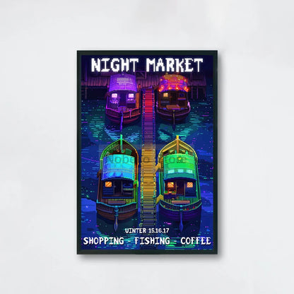 Framed artwork of a night market scene with colorful boats on a white background