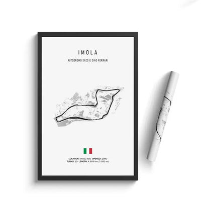 Framed poster of Imola race track layout with a pen on a white background