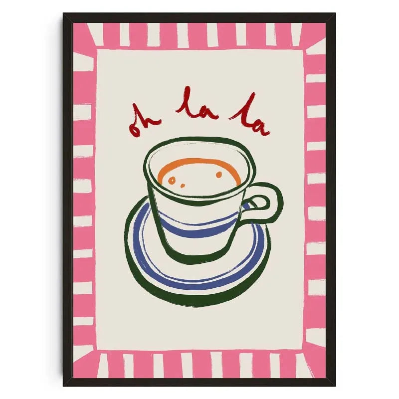Framed artwork with a coffee cup illustration and 'Oh la la' text on a striped background