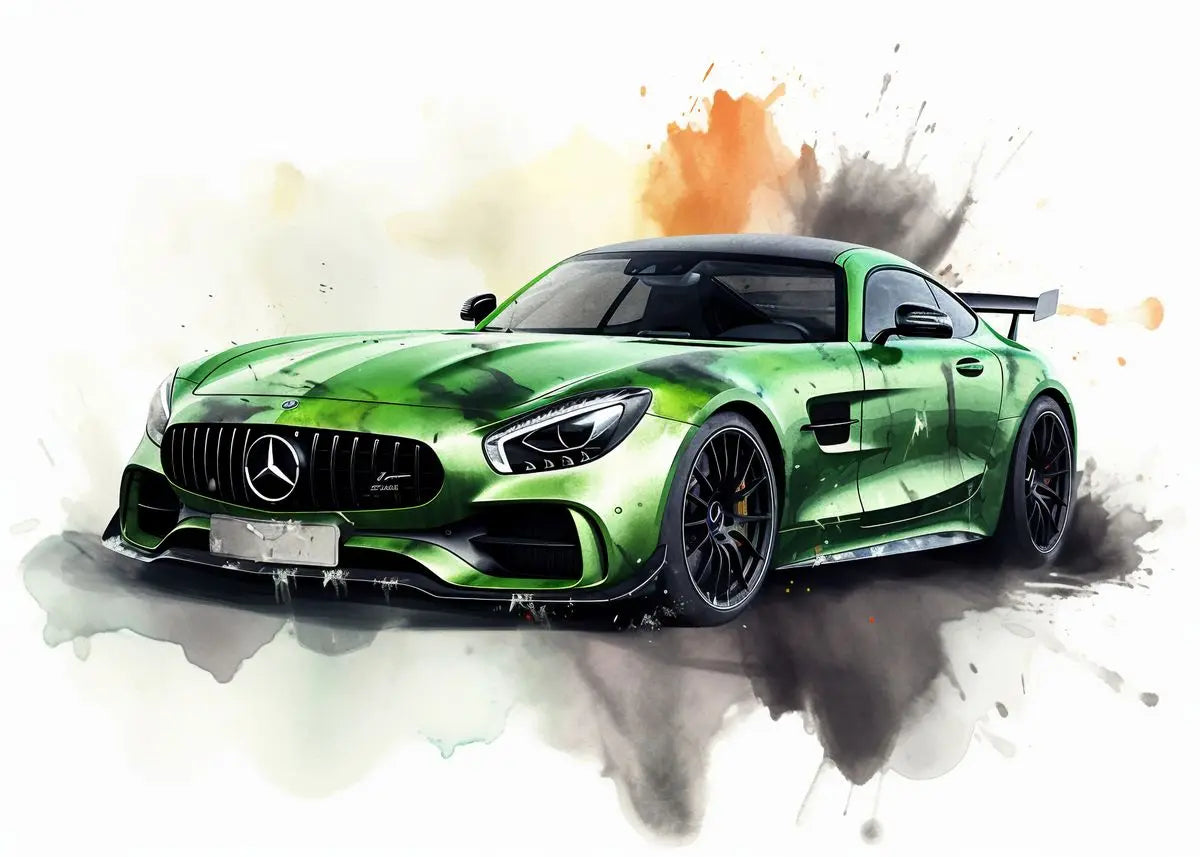 Green Mercedes-Benz car on a watercolor background