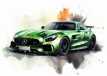Green Mercedes-Benz car on a watercolor background