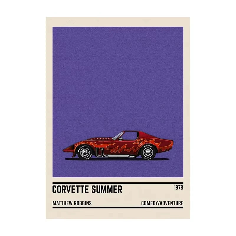Illustration of a red Corvette on a purple background with text below.