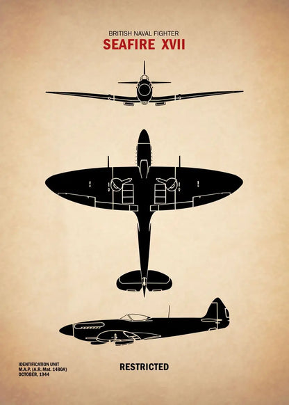 Black silhouette of a British naval fighter plane on a beige background with text.