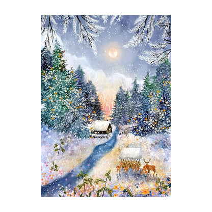 Winter scene with a cabin, deer, and snow-covered trees under a full moon.