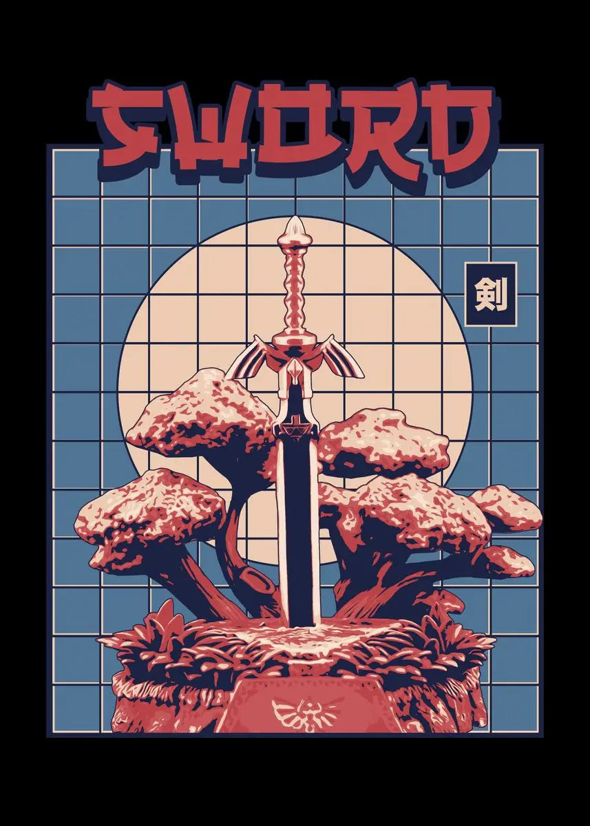 Sword design with mushrooms and grid pattern on a black background
