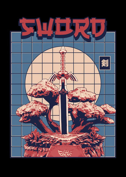 Sword design with mushrooms and grid pattern on a black background