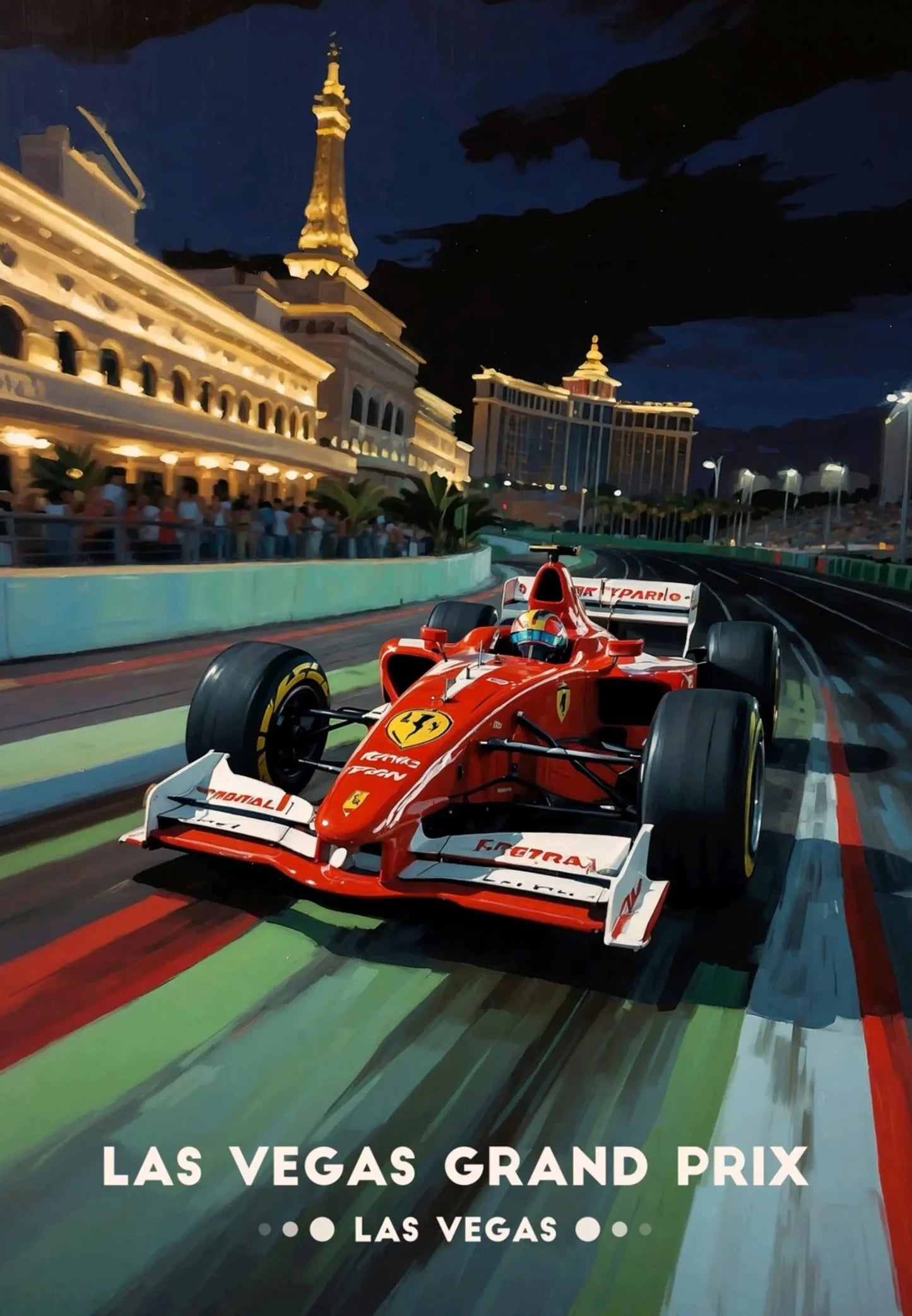 Red Formula 1 car on a track with Las Vegas skyline in the background