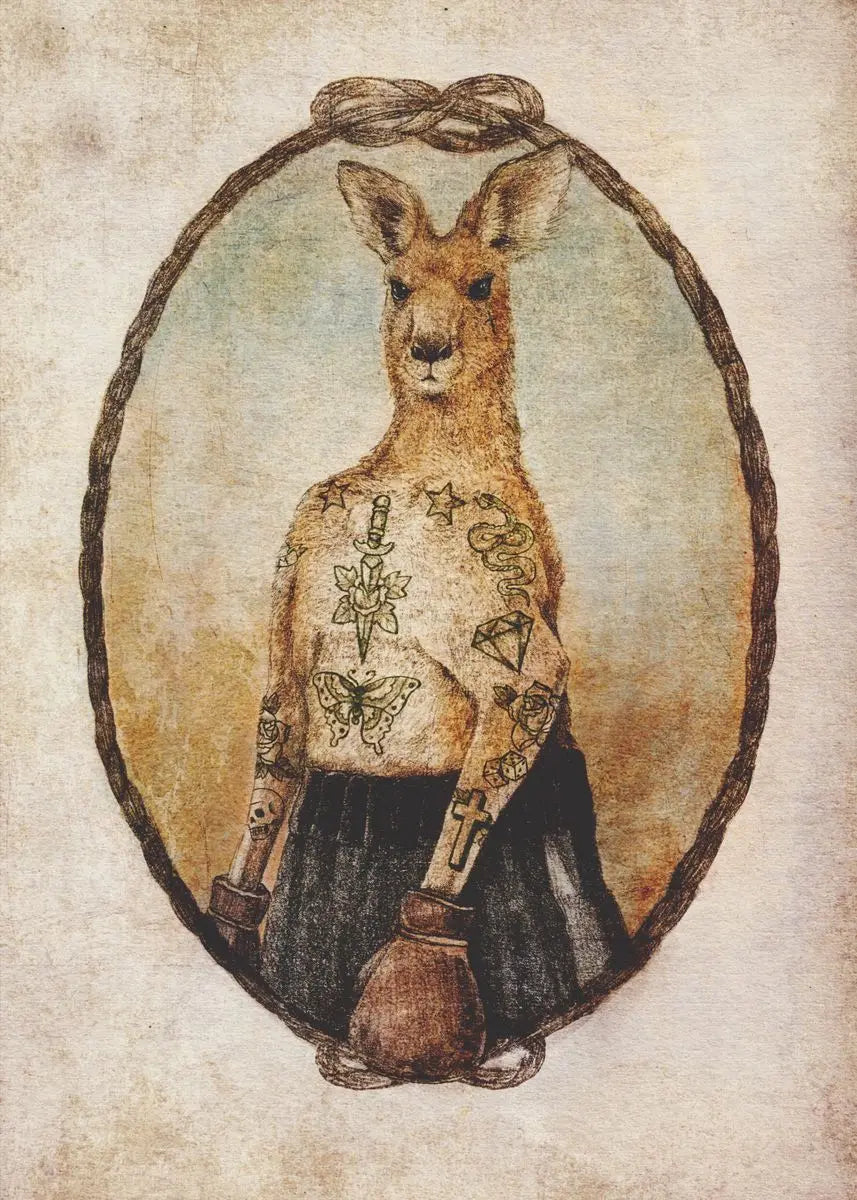 Illustration of a kangaroo with tattoos in an oval frame on a textured beige background