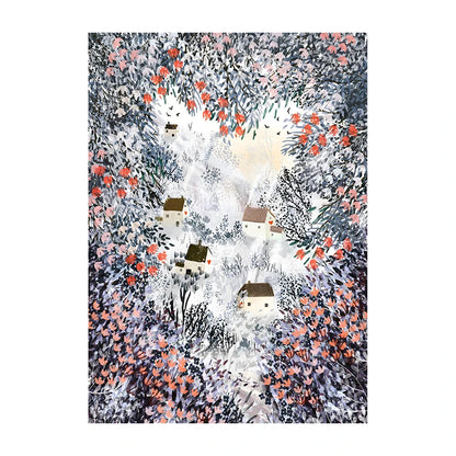 Illustration of houses in a snowy landscape with trees and flowers.