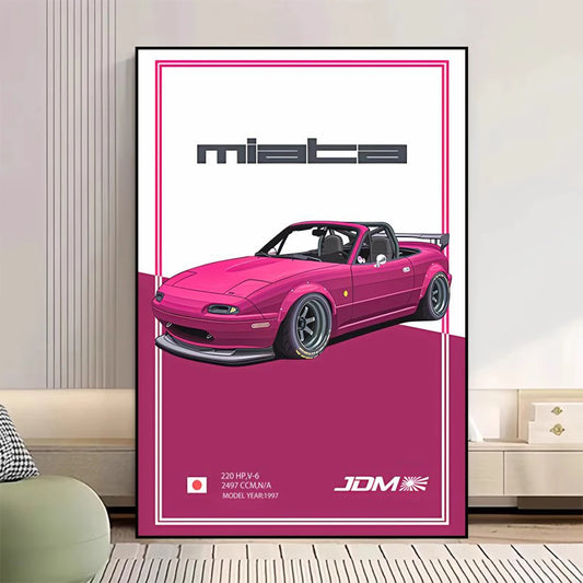 Framed poster of a pink convertible car with 'miele' branding on a white wall. Canvas & Curio