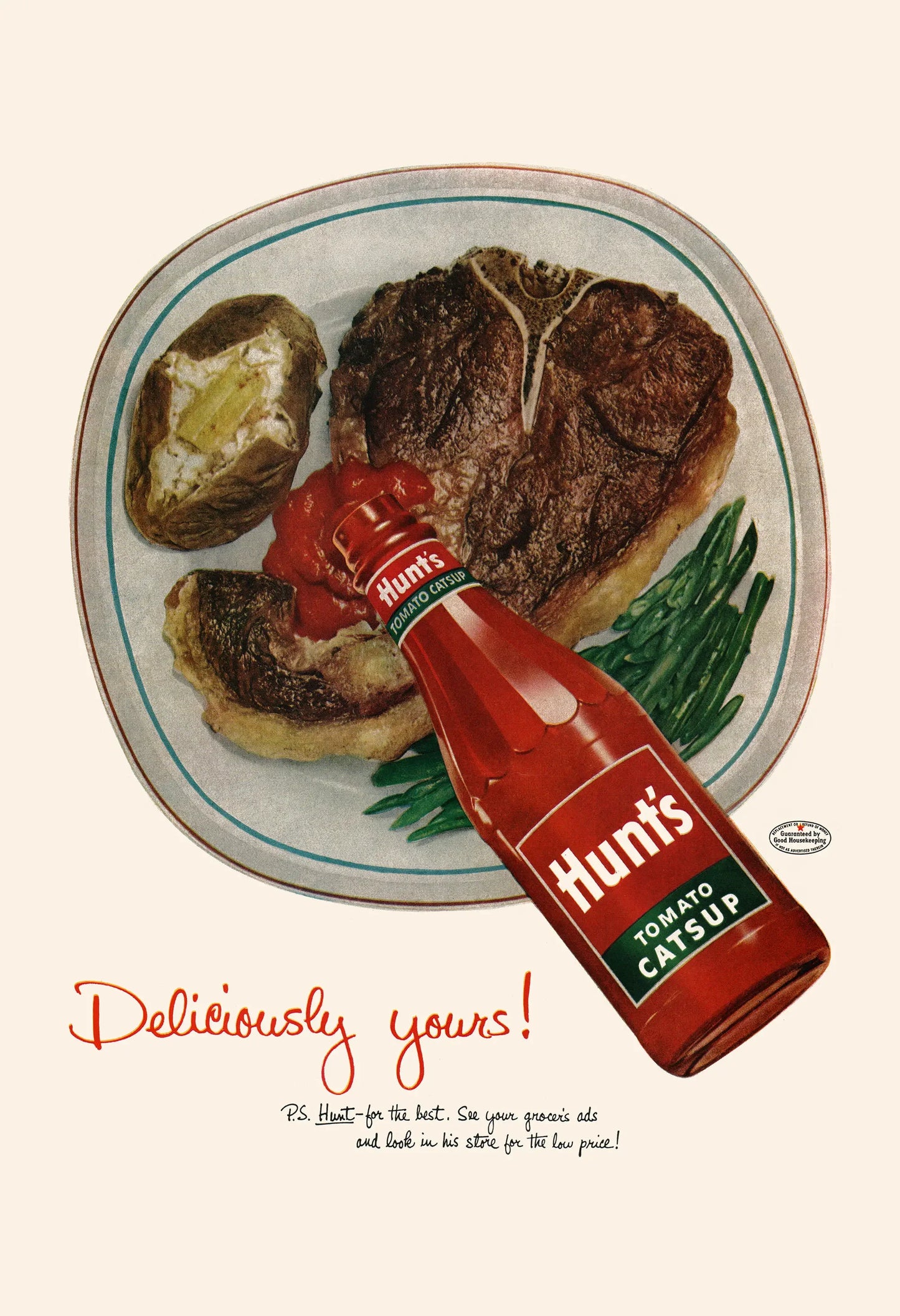 Vintage advertisement for Hunt's tomato catsup with a plate of food on a white background